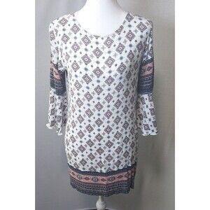 Urban Girl Bohemian Medallion Pattern Shift Dress 3/4 Bell Sleeve Size Small